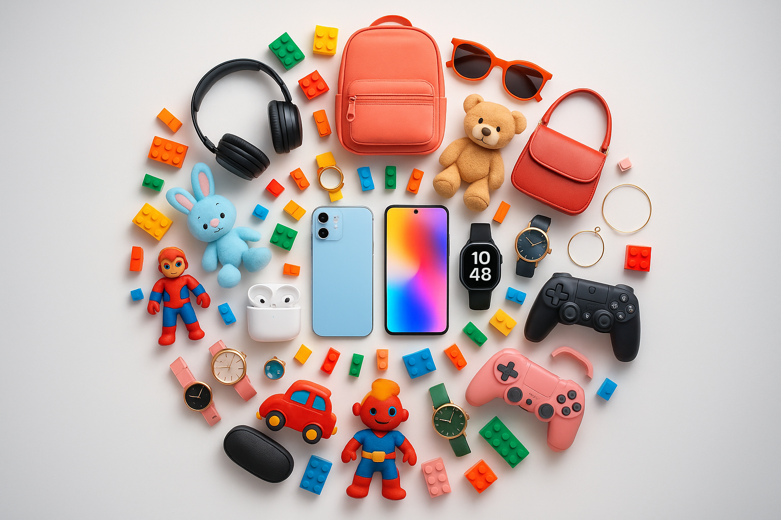 generate an creative image of multi product round cirle filed gadget , toys , accessories etc